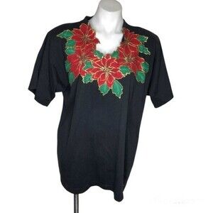 KG Sportswear Black T Shirt Poinsettia Cut Out Appliqué VINTAGE One Size